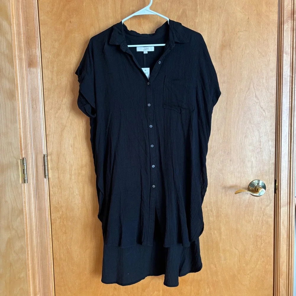 LOFT Black Button Down Dress‎ Women's Size L Shirt Dress Casual Cover up